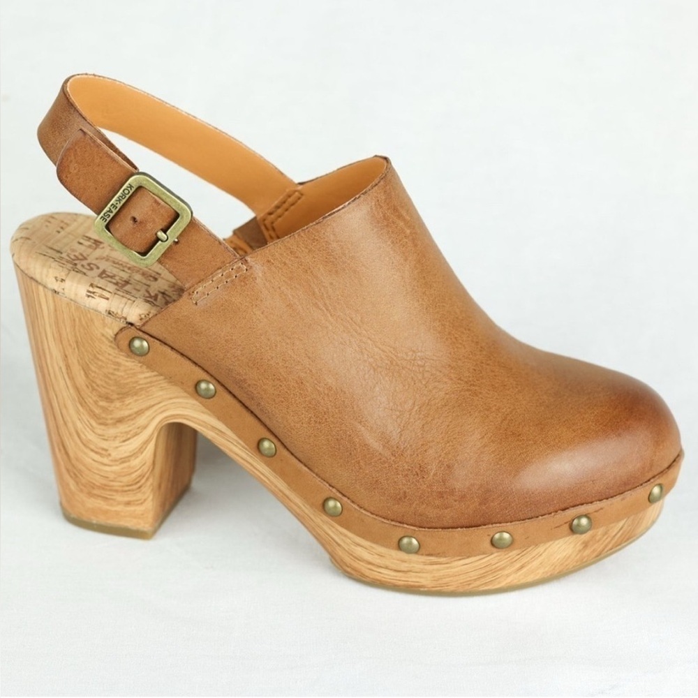 NWOT KORK-EASE DARBY
BURNISHED LEATHER PLATFORM
SLINGBACK CLOGS- TAN Size 10